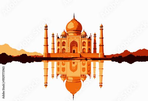 A Mirrored Reflection of a Majestic Domed Structure with Four Minarets Against a Sunset Horizon Symbolizing Architectural Grandeur