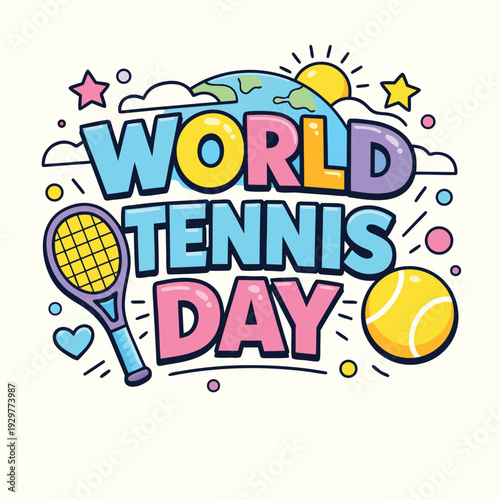 Colorful illustration promoting world tennis day with a tennis racket ball and globe high-quality professional