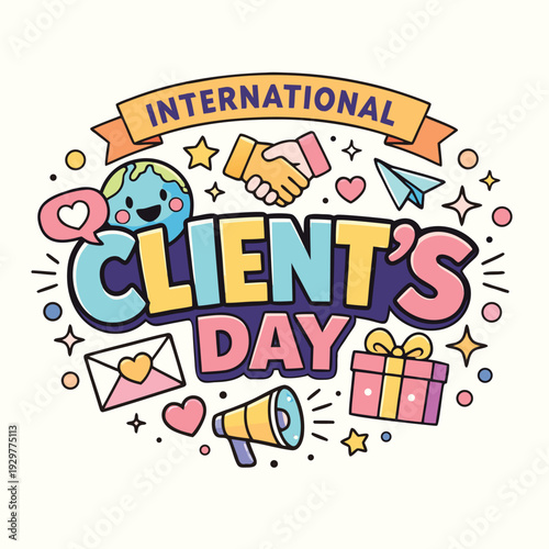 A colorful illustration celebrating international client s day with hands gifts and decorative elements high-quality