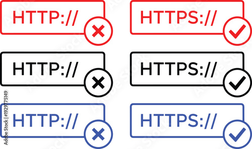Web security protocol comparison showing insecure http and secure https with check and cross mark symbols