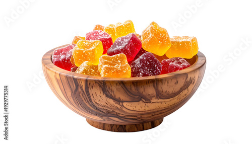 Close-up of colorful, star-shaped candies filling a wooden bowl. Black background