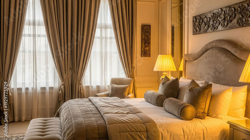 Luxurious hotel bedroom with elegant bedding and warm lighting