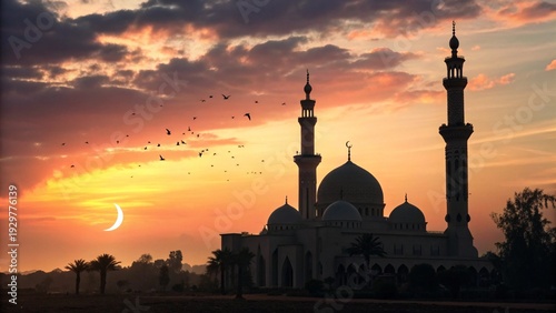 Silhouette Mosque at Sunset During Eid Al Fitr Ramadan Celebration