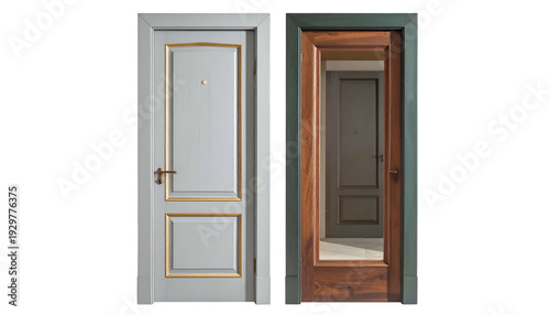 Two doors side-by-side a solid gray door, and one with a glass pane showing a hallway