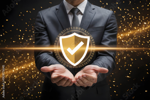 Digital Security Concept: Businessman Holding a Glowing Shield and Checkmark Symbolizing Cybersecurity, Protection, and Trust