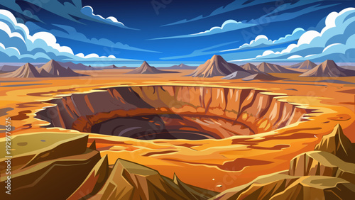 A large volcanic crater with circular natural ground formation surrounded by rocky terrain open sky background clean minimal vector illustration flat design uncluttered composition