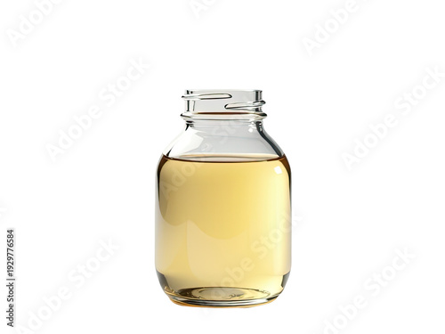 A glass bottle filled with clear liquid sitting on a wooden or surface
