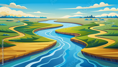 A wide river delta with branching water channels flowing across flat natural land open horizon beneath clear sky clean minimal vector illustration flat design uncluttered composition