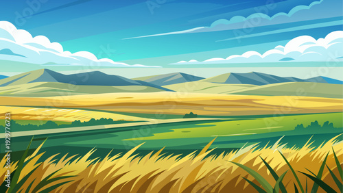 A highland grass plateau stretching across wide open terrain distant horizon under bright sky clean minimal vector illustration flat design uncluttered composition