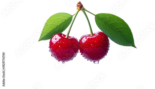 Two vibrant red cherries with green leaves and water droplets against a black background