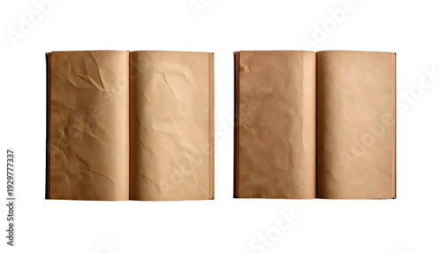 Two side-by-side open books with aged, textured pages against a black backdrop