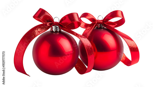 Two shiny red Christmas ornaments with red satin bows, isolated on a transparent background