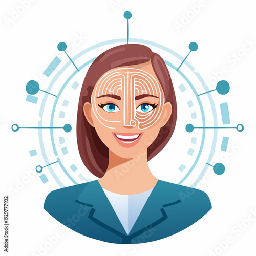 Futuristic digital facial recognition technology scanning a smiling woman's face with biometric data overlay and network connections
