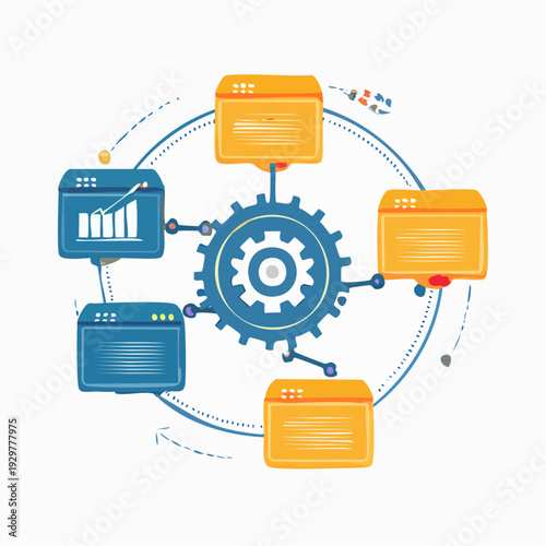 Abstract representation of a digital workflow system with a central gear and connected data windows displaying charts and information