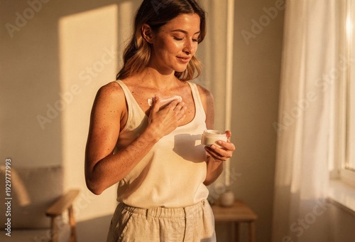 Woman Applying Moisturizing Cream to Chest in Golden Hour Light