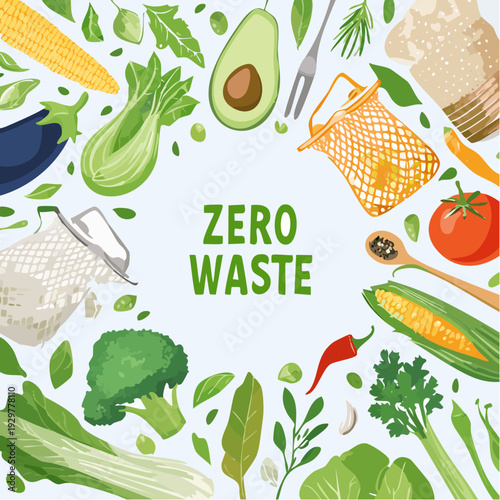 A vibrant flat lay composition of fresh vegetables, fruits, and reusable shopping bags, promoting a zero-waste lifestyle and sustainable food consumption