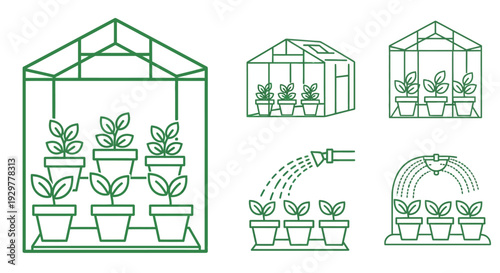 Greenhouse Illustrations with Potted Plants and Watering.