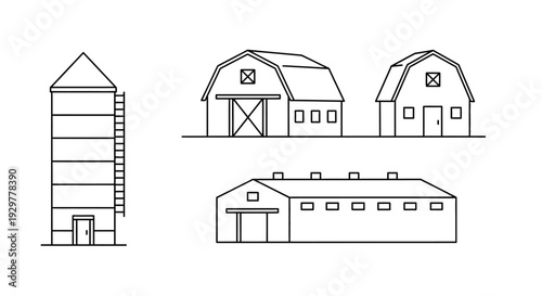 Simple Line Drawings of Farm Buildings.