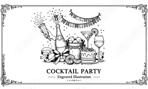Cocktail party illustration with bottle and glasses