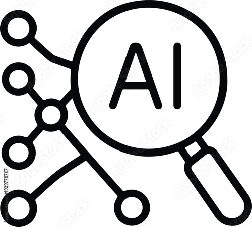 Black and white illustration of a magnifying glass with ai text on a molecular structure