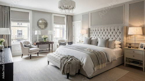 Luxurious hotel bedroom with large bed tufted headboard and elegant decor in soft gray and white tones featuring natural light and comfortable seating area
