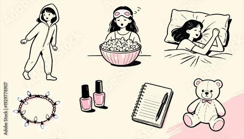 Illustration of women relaxing at home self-care and cozy night activities