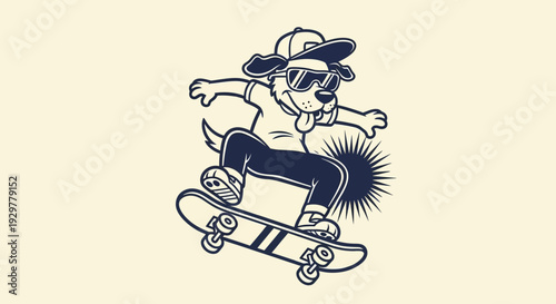Cool Cartoon Dog Skateboarder in Sunglasses Performing Dynamic Tricks and Urban Sports