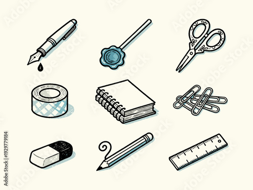 Collection of Cartoon Office Supplies and Stationery Items on Light Background Design