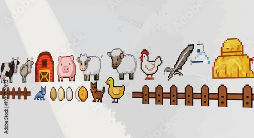 Pixelated farm animals and objects vector illustrations for design projects
