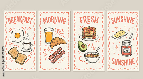 Breakfast and brunch food doodle illustrations with various morning meals concept