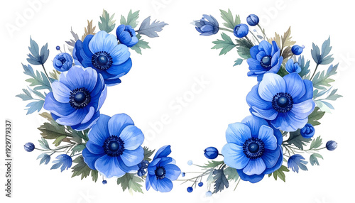 Watercolor wreath of blue anemone flowers and foliage against a black background