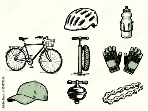 Collage of Hand-Drawn Bicycle Parts and Accessories Artwork on Pale Background