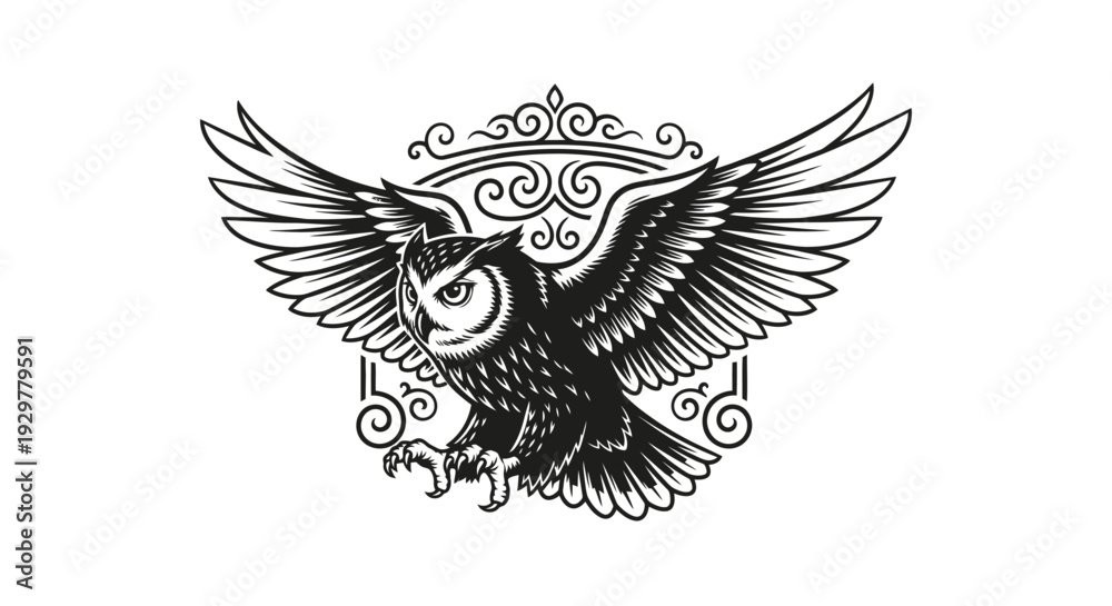 Obraz premium Vintage style owl emblem with spread wings, symbolizing wisdom and freedom