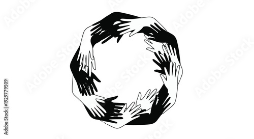Diverse hands forming a circle in black and white illustration