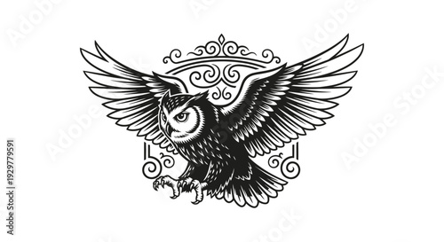 Vintage style owl emblem with spread wings, symbolizing wisdom and freedom