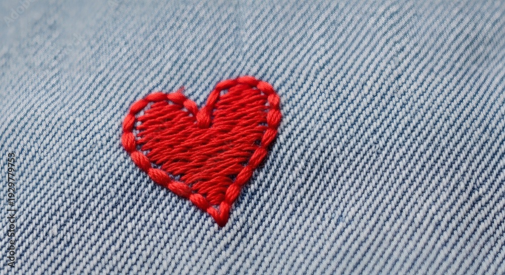 Obraz premium A red heart embroidered on a piece of denim fabric with intricate stitching