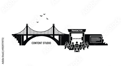 black and white illustration of a bridge with a crowd of people in front of a movie theater