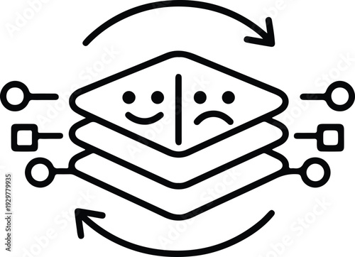 A black line drawing of two connected squares with a happy and sad face on each side