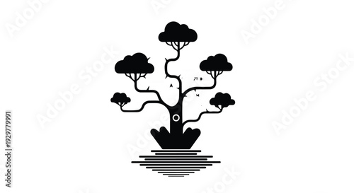 Black silhouette tree with multiple branches and leaves on water