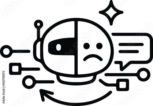 A black and white illustration of a robot head with a frowning face and various technical symbols around it