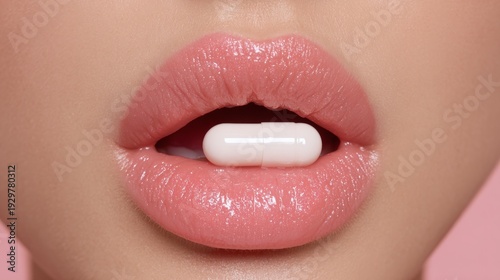 Glossy Female Lips Holding White Capsule Pill Symbolizing Modern Beauty Supplements, Pharmaceutical Wellness and Multicultural Healthcare Marketing