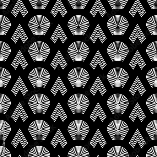 Fish scale wallpaper. Asian traditional ornament with repeated scallops. Repeated white triangular and circular shapes on black background. Seamless surface pattern design with scales. Squama motif.