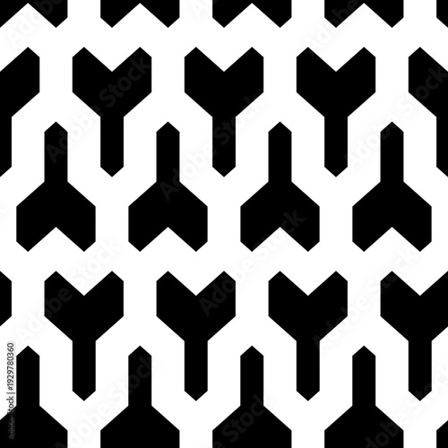 Interlocking three pronged blocks. Repeated black puzzles on white background.. Seamless surface pattern design with mosaic ornament. Winder keys motif. Tyre grip wallpaper. Digital paper. Vector art.