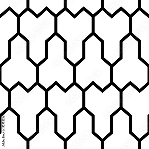 Interlocking three pronged blocks. Repeated white puzzles on black background.. Seamless surface pattern design with mosaic ornament. Pavement motif. Flooring wallpaper. Digital paper. Vector art.