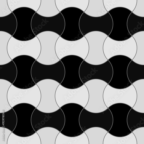 Color interlocking blocks tessellation background. Seamless surface pattern design with ethnic ornament. Apple core quilts texture. Image with hammerhead, axehead and bow shapes. Patchwork art motif.