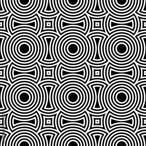 Black figures background. Circles and squares texture. Ethnic motif. Seamless surface pattern design with circular embroidery ornament. Digital paper with rings for textile print, web designing.