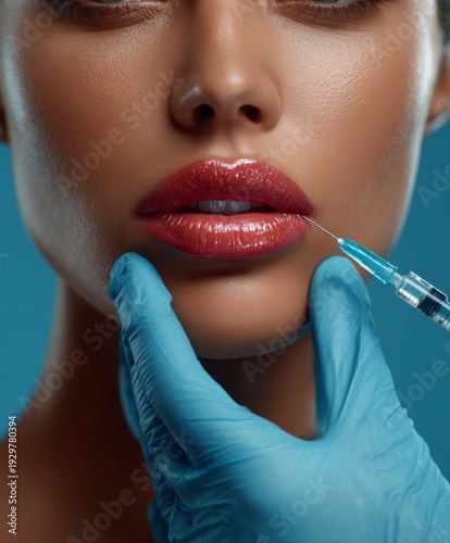 Licensed Medical Professional Administering Lip Filler to Multicultural Woman in Modern Aesthetic Dermatology Clinic Environment