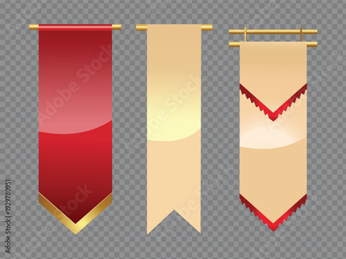 Banner set with red and gold fabric pennants hanging on gold poles