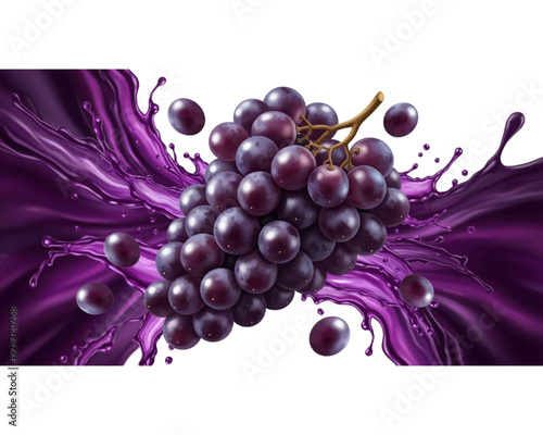 Detailed vector illustration of ripe purple grapes bursting dramatically within a swirling splash of rich, deep, vibrant grape juice design.