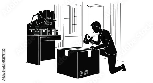 man packing moving box with tape in room